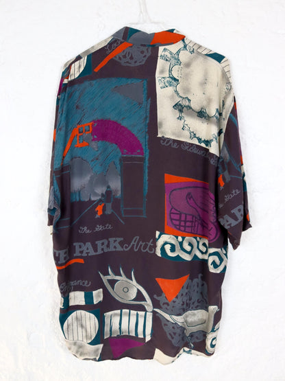 Vintage 80s 90s CIRCUS shirt short sleeve crazy pattern colorful L