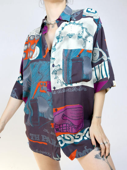 Vintage 80s 90s CIRCUS shirt short sleeve crazy pattern colorful L
