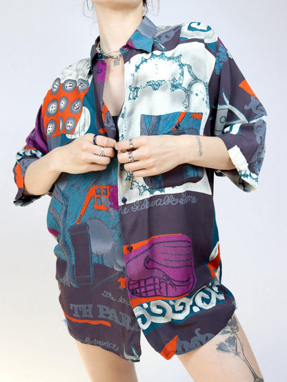 Vintage 80s 90s CIRCUS shirt short sleeve crazy pattern colorful L
