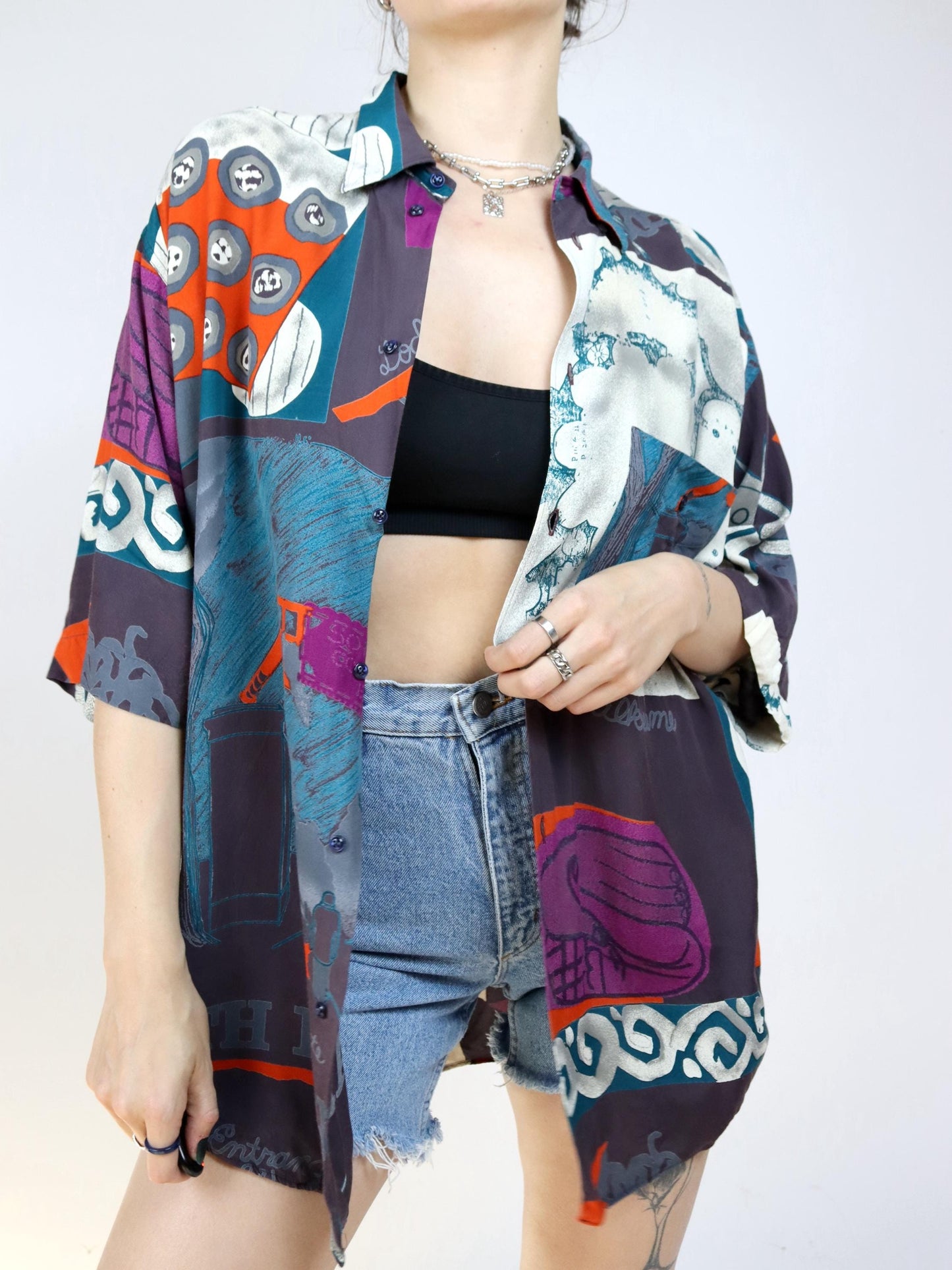 Vintage 80s 90s CIRCUS shirt short sleeve crazy pattern colorful L