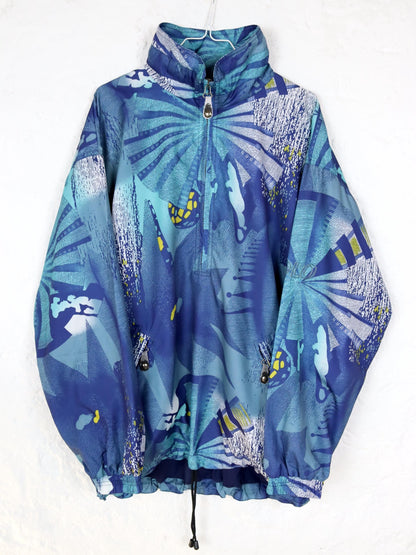 Vintage 80s 90s ODLO windbreaker jacket crazy pattern blue double layer L