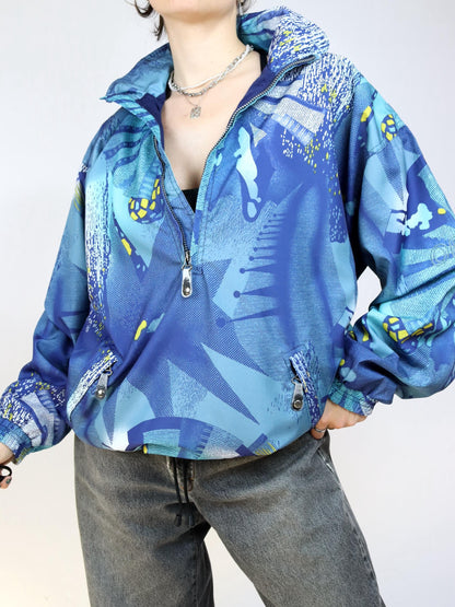 Vintage 80s 90s ODLO windbreaker jacket crazy pattern blue double layer L