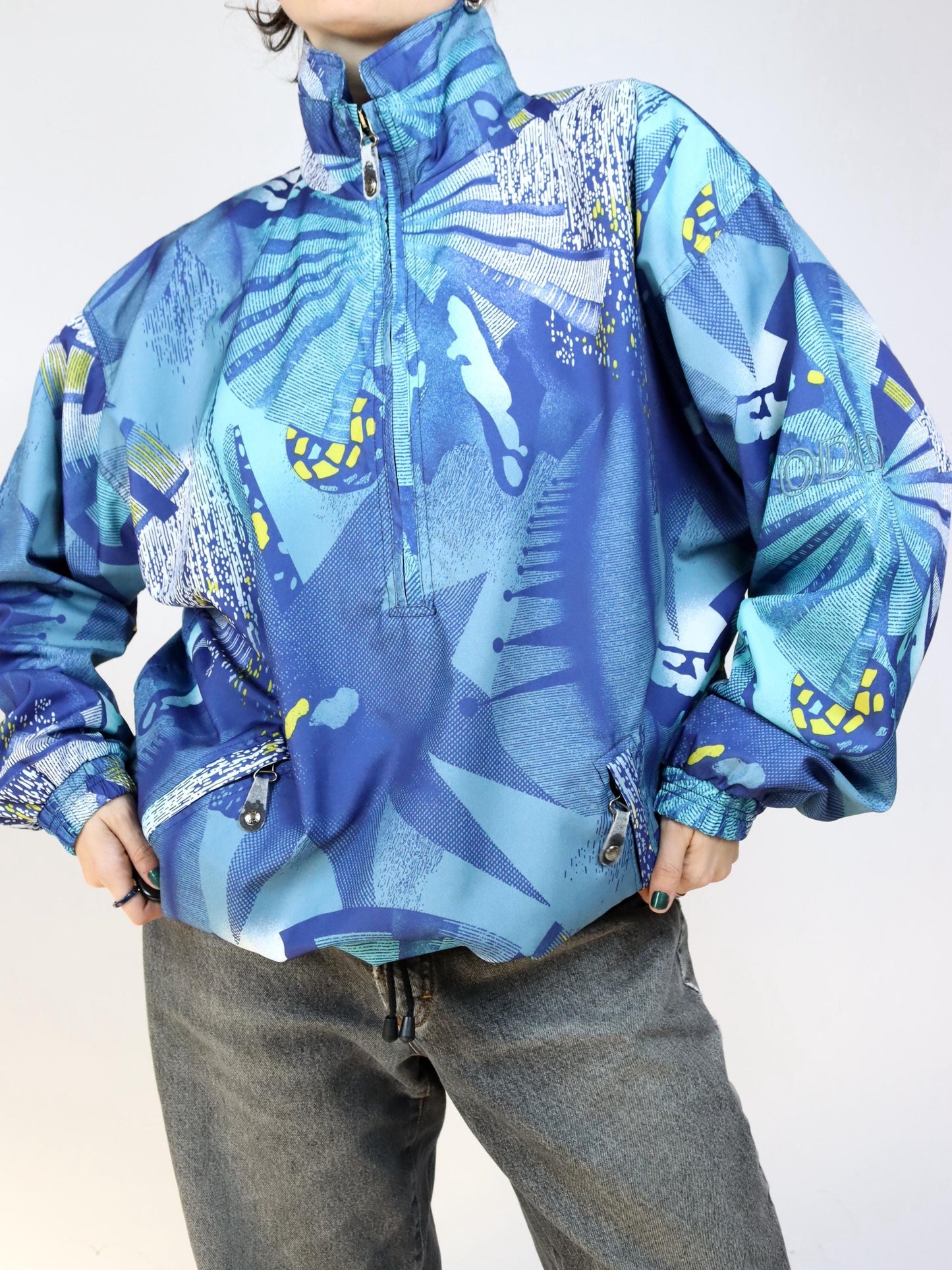 Vintage 80s 90s ODLO windbreaker jacket crazy pattern blue double layer L
