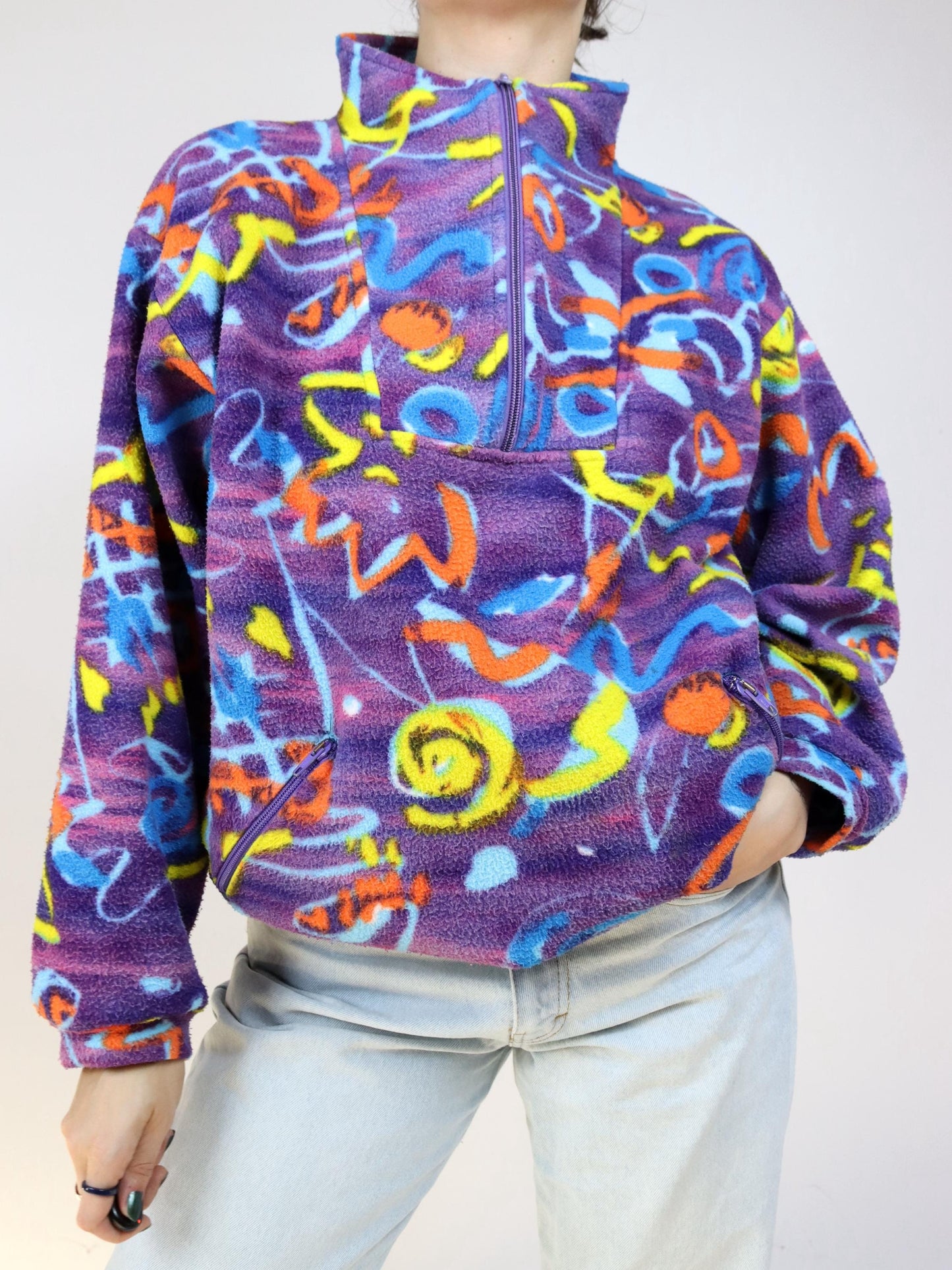 Vintage 80er 90er SPORTSWEAR Pullover Fleecepullover bunt crazy pattern Stehlragen L