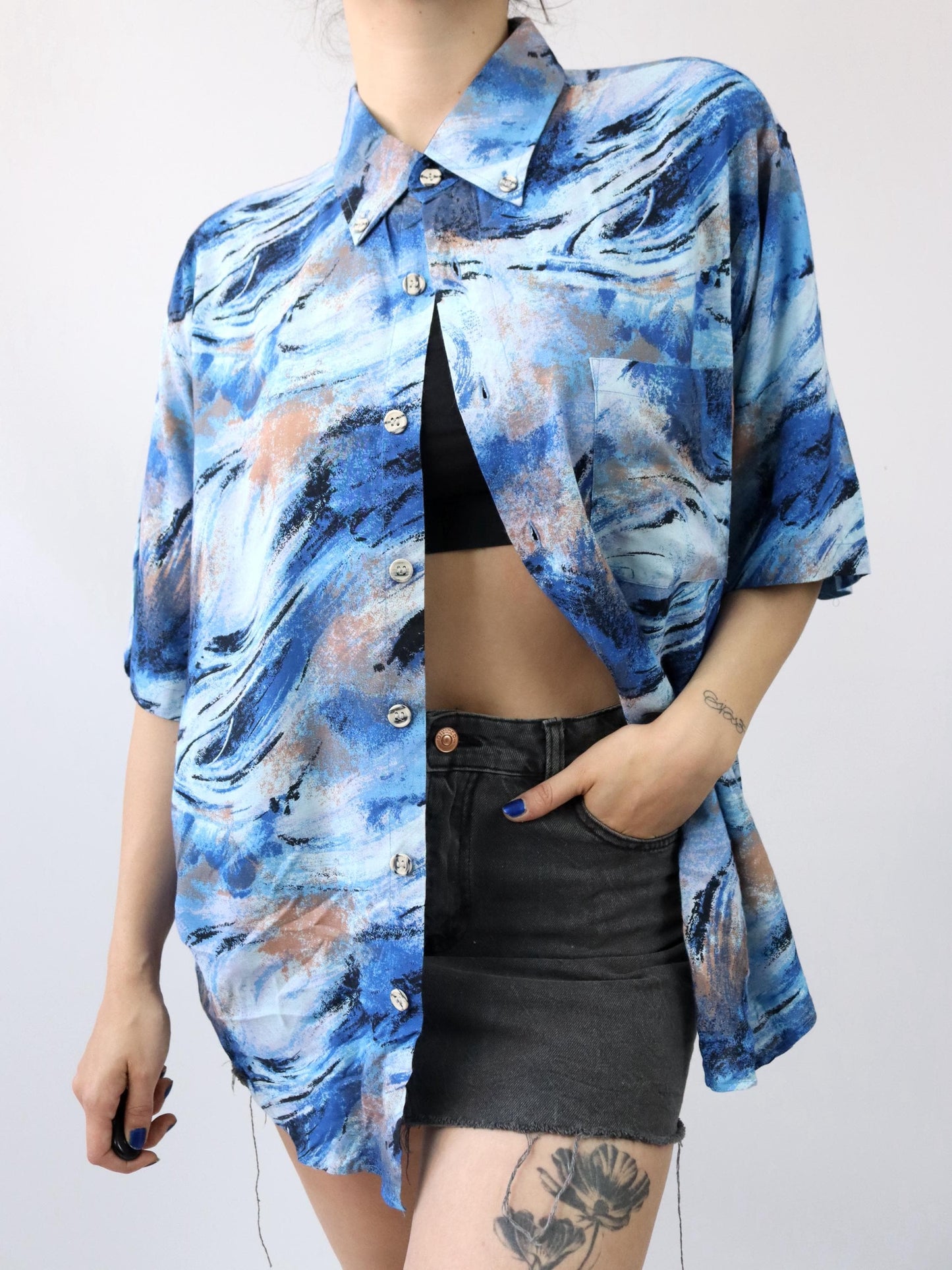 Vintage 80s 90s SUNNY shirt short sleeve crazy pattern blue viscose L