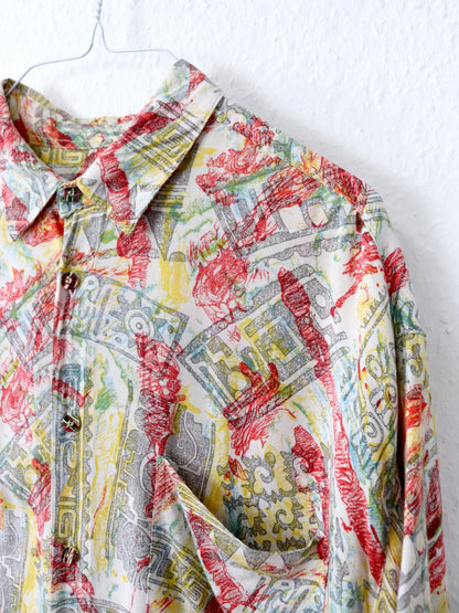 Vintage 80s 90s GIN TONIC shirt short sleeve crazy pattern colorful viscose M
