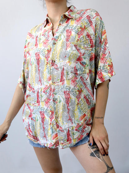 Vintage 80s 90s GIN TONIC shirt short sleeve crazy pattern colorful viscose M