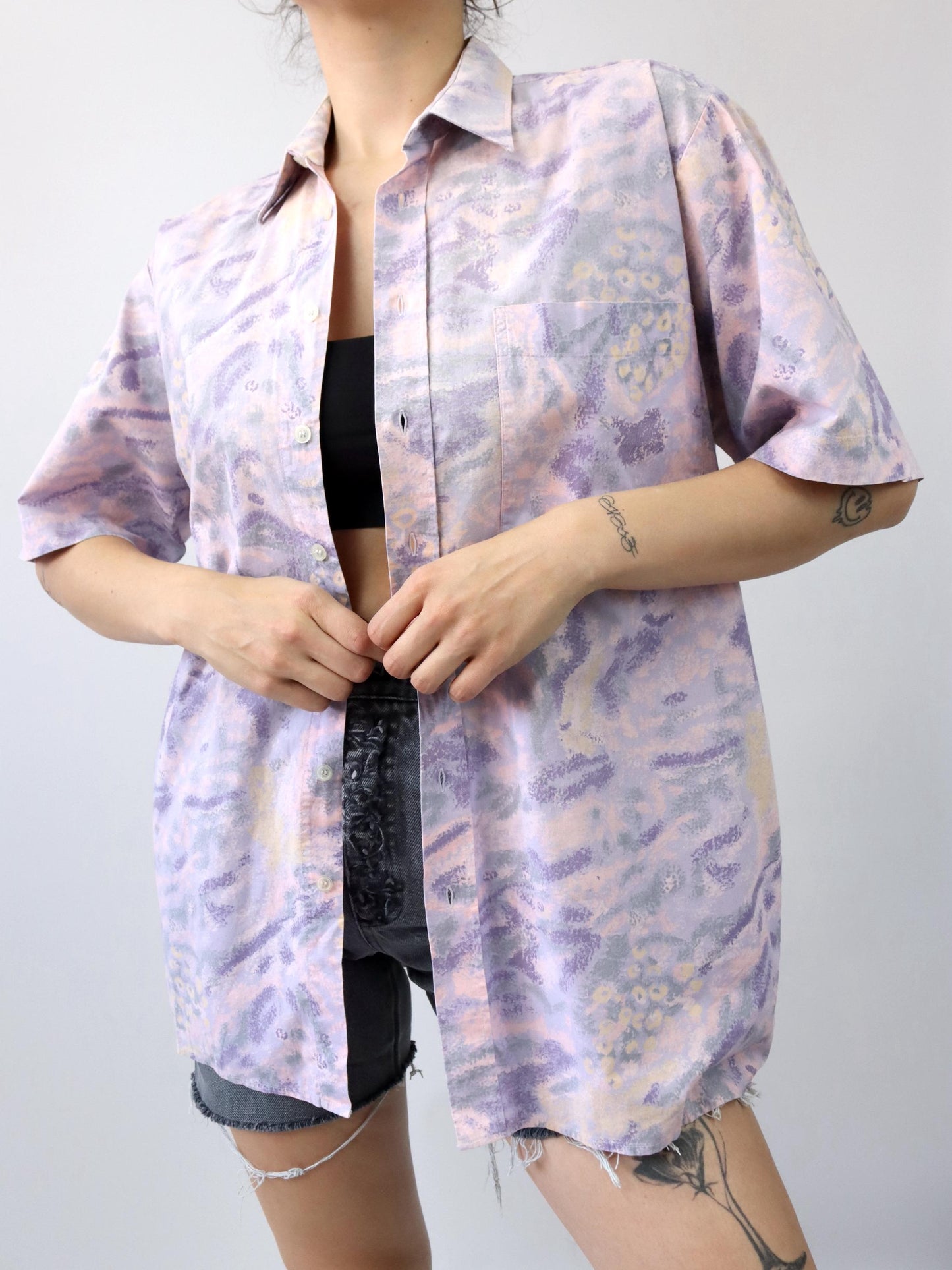 Vintage 80s 90s C&amp;A shirt short sleeve crazy pattern purple lilac L