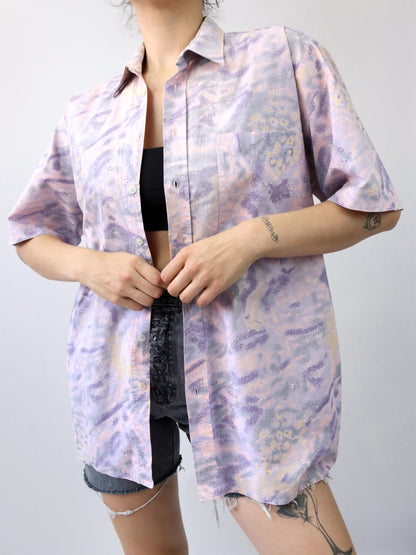 Vintage 80s 90s C&amp;A shirt short sleeve crazy pattern purple lilac L