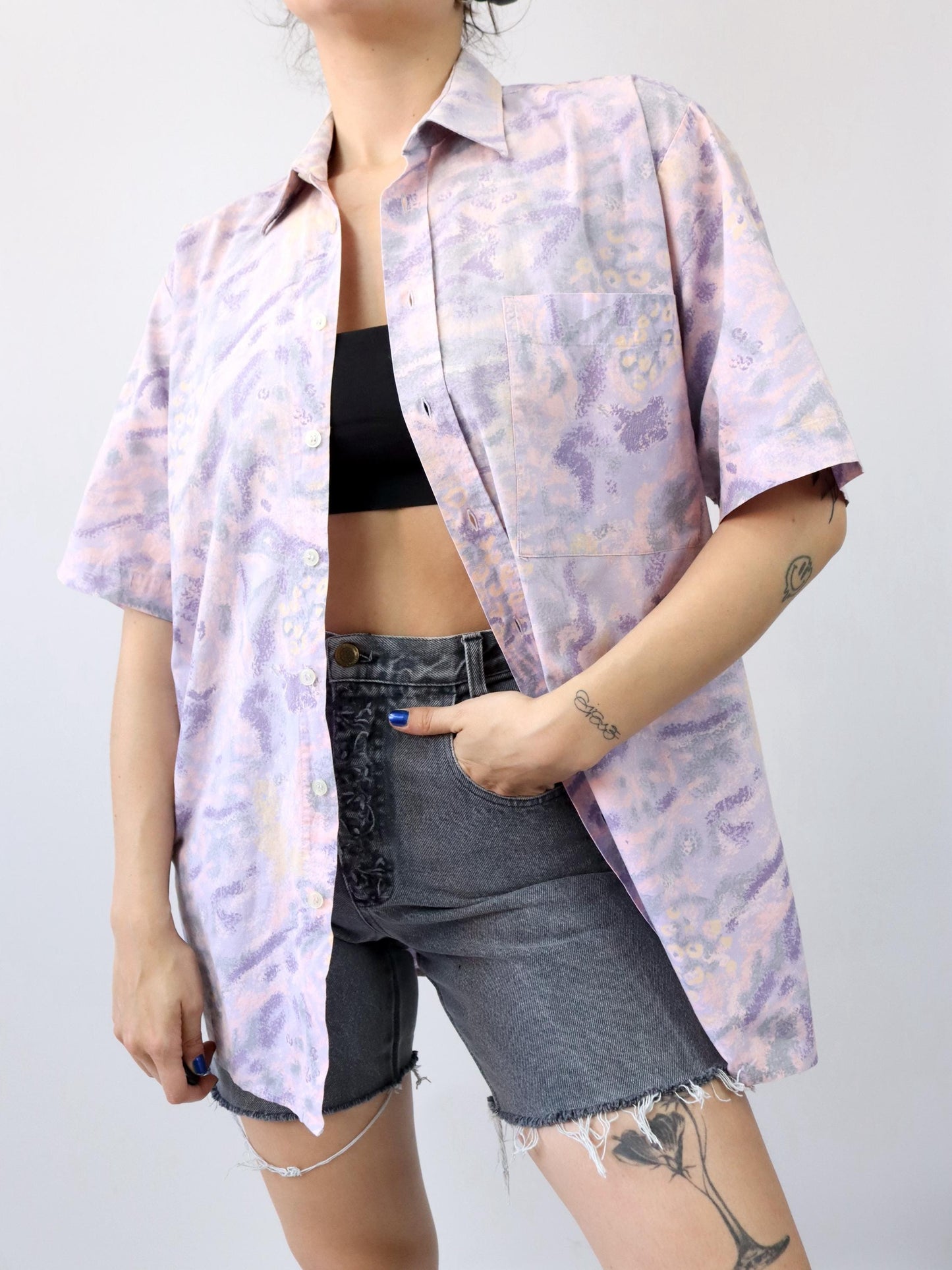 Vintage 80s 90s C&amp;A shirt short sleeve crazy pattern purple lilac L