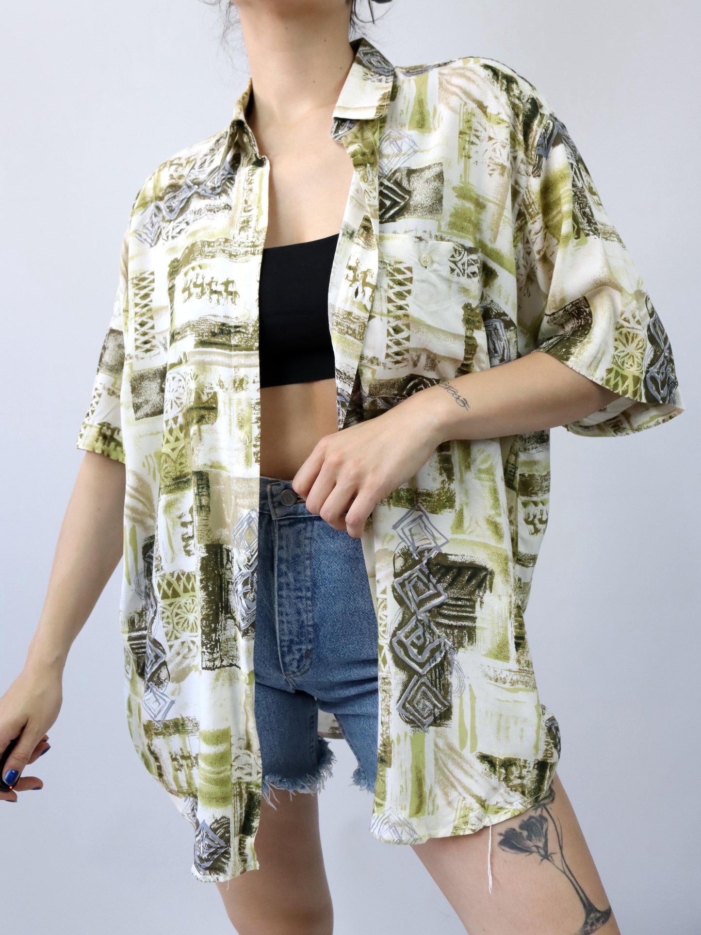 Vintage 80s 90s IVJ shirt short sleeve crazy pattern green white XL