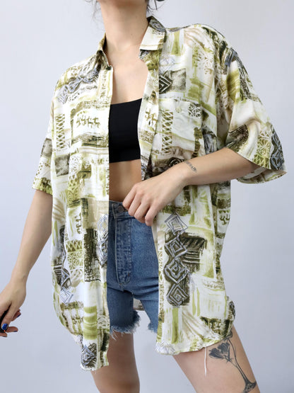 Vintage 80s 90s IVJ shirt short sleeve crazy pattern green white XL