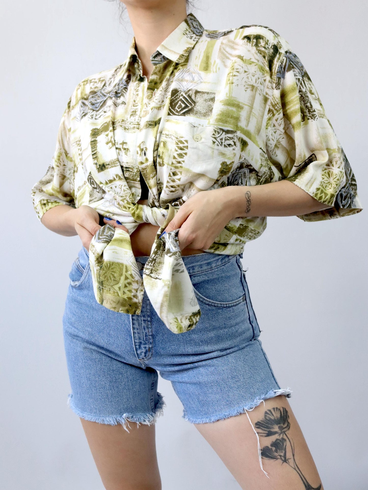Vintage 80s 90s IVJ shirt short sleeve crazy pattern green white XL
