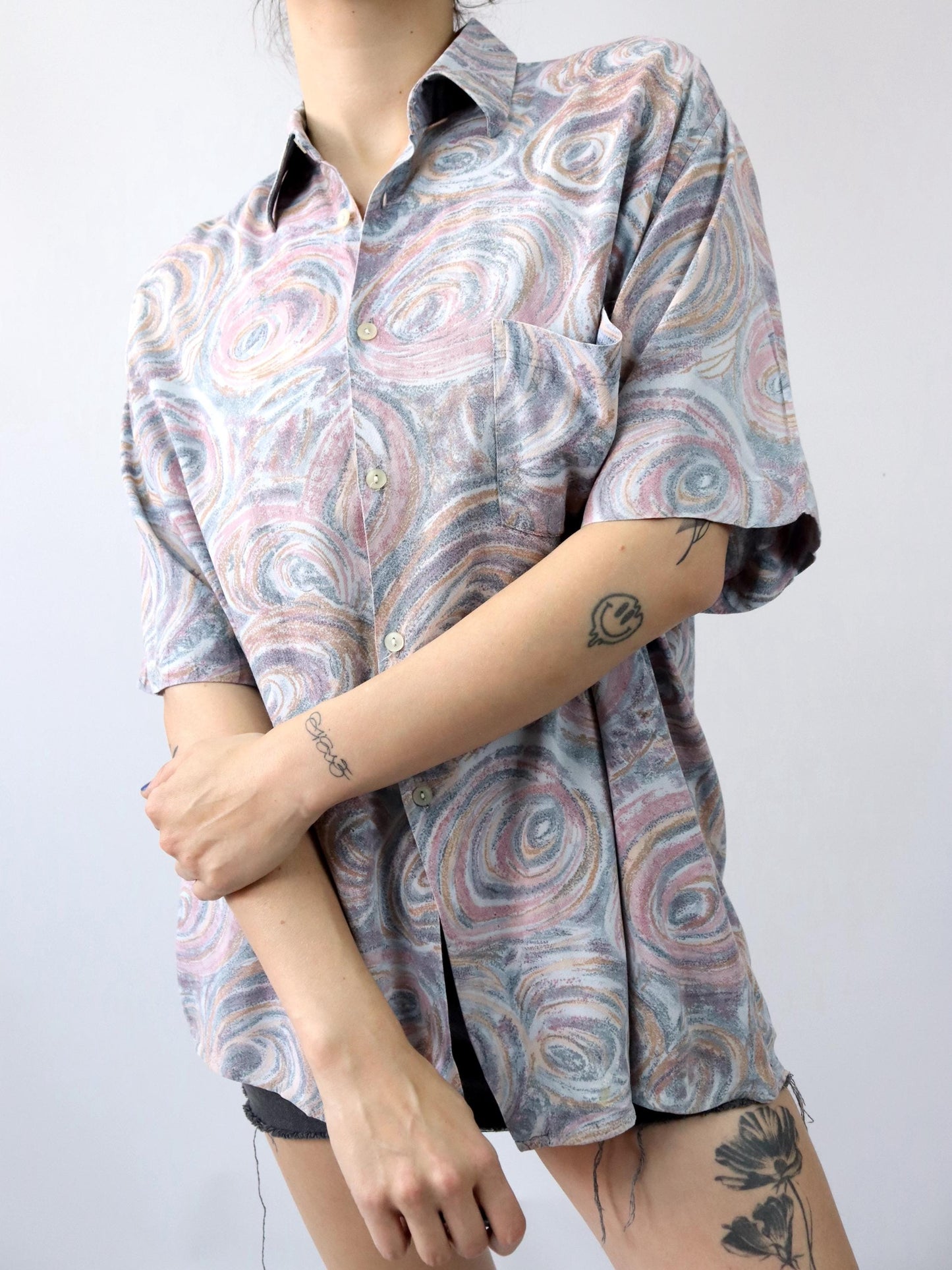 Vintage 80s 90s shirt short sleeve crazy pattern pastel L