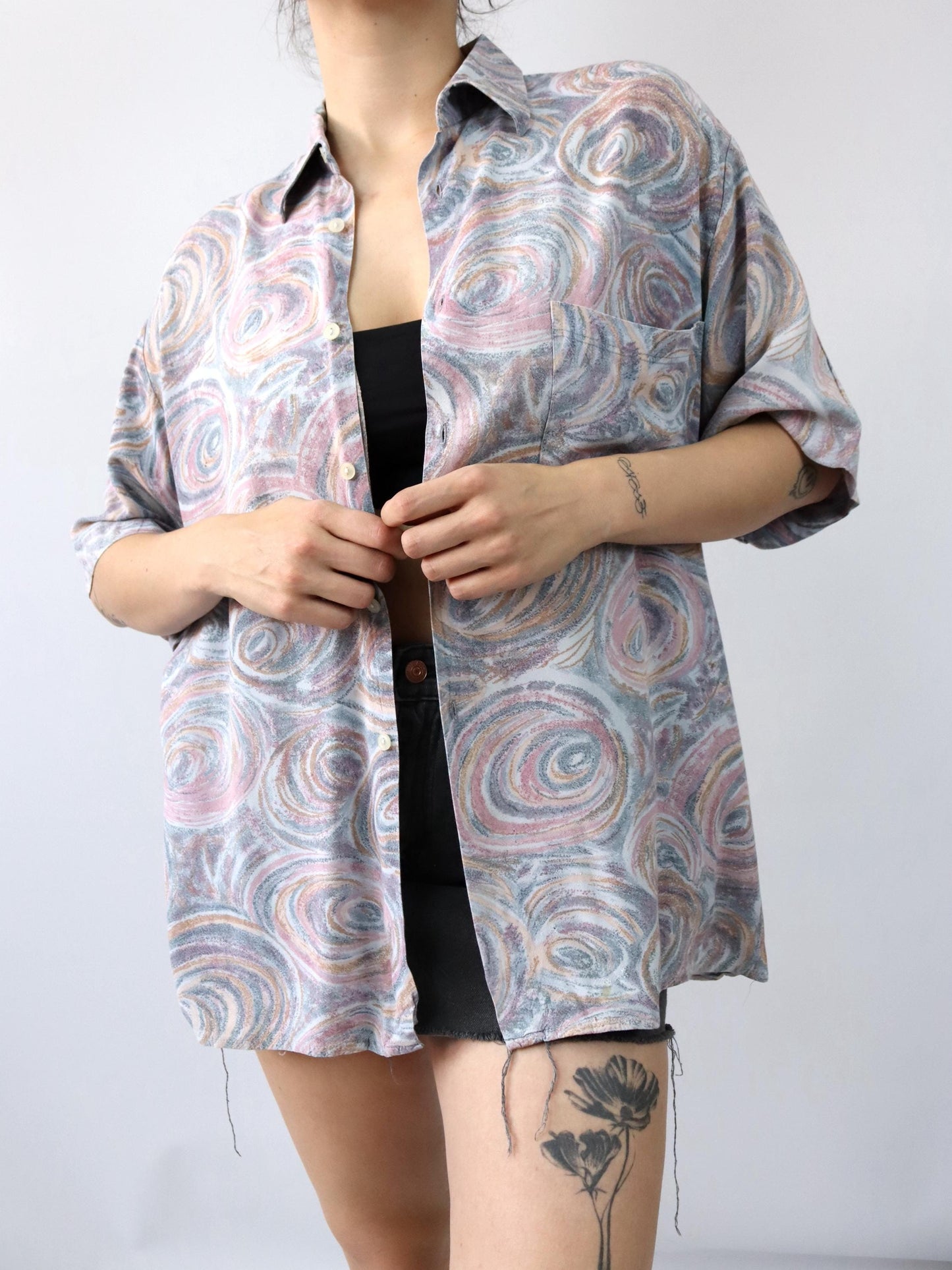 Vintage 80s 90s shirt short sleeve crazy pattern pastel L