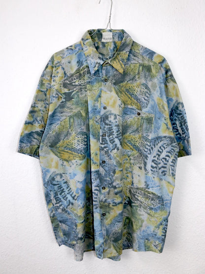 Vintage 80s 90s shirt short sleeve crazy pattern yellow green blue XL