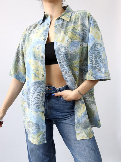 Vintage 80s 90s shirt short sleeve crazy pattern yellow green blue XL