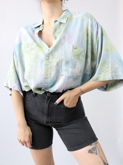 Vintage 80er 90er JUPITER Hemd kurzarm crazy pattern blau XXL