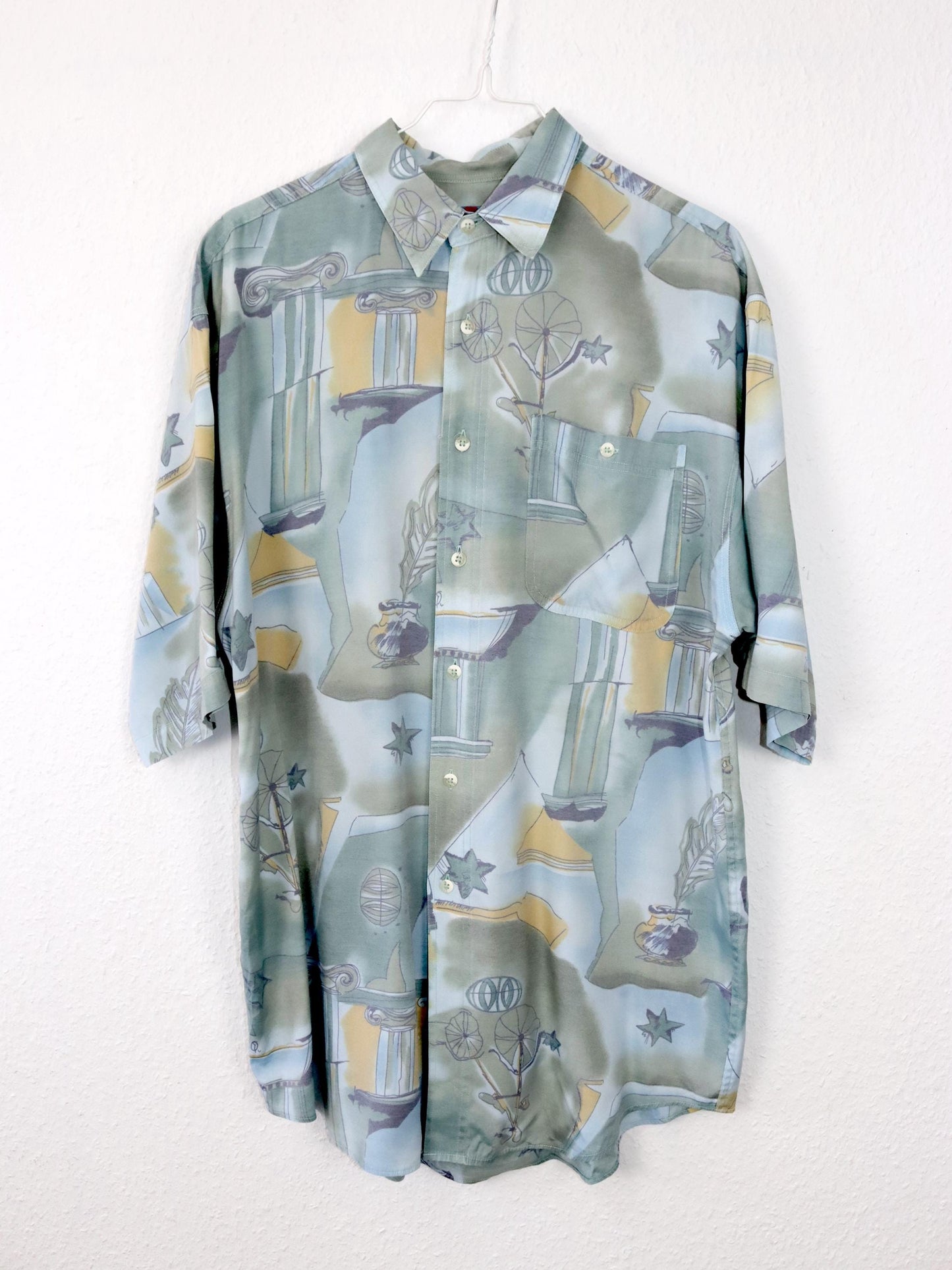 Vintage 80s 90s JEAN LEGALLI shirt short sleeve crazy pattern blue M