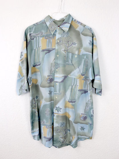 Vintage 80s 90s JEAN LEGALLI shirt short sleeve crazy pattern blue M