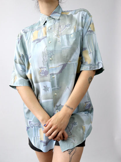 Vintage 80s 90s JEAN LEGALLI shirt short sleeve crazy pattern blue M