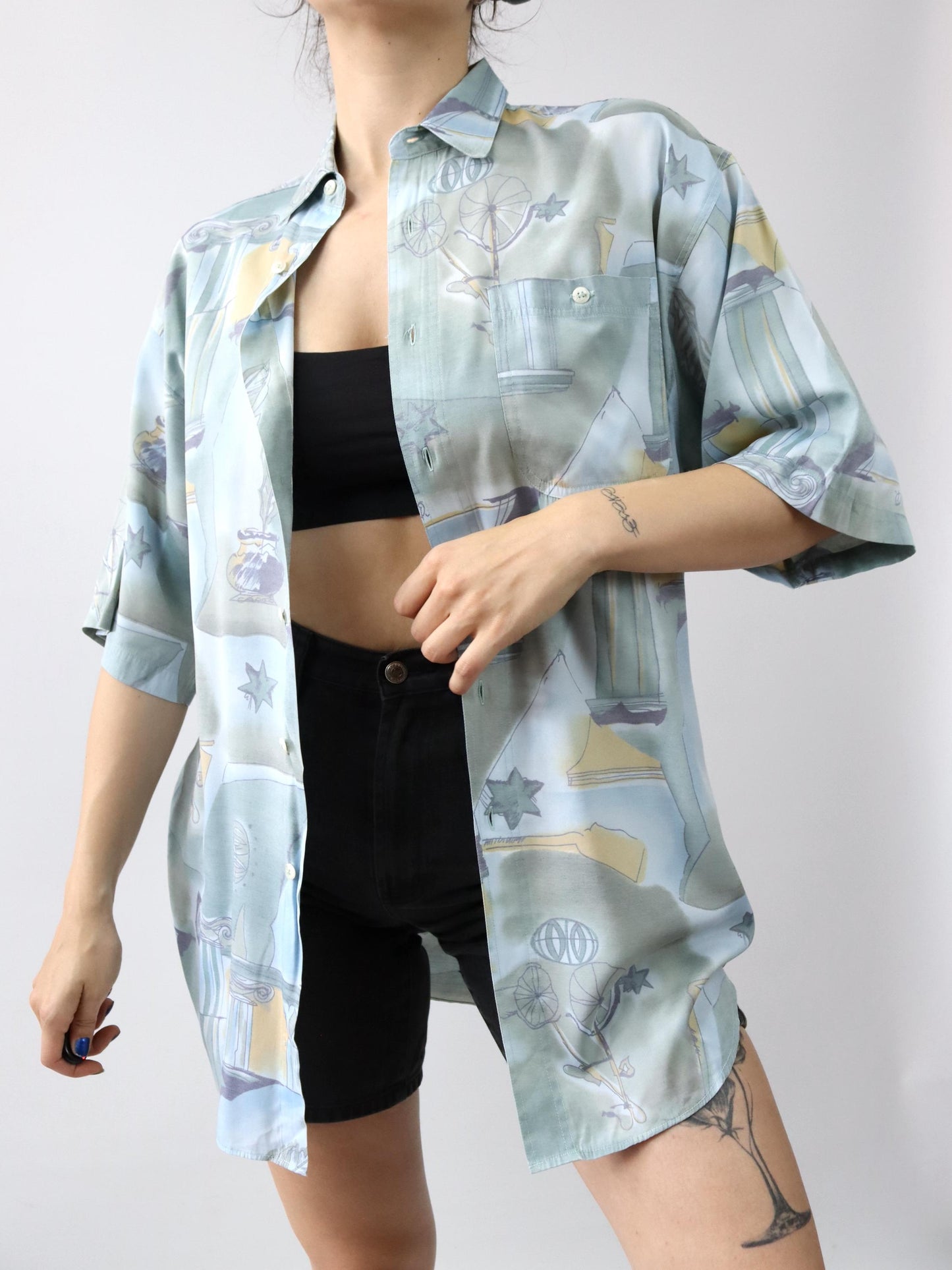 Vintage 80s 90s JEAN LEGALLI shirt short sleeve crazy pattern blue M