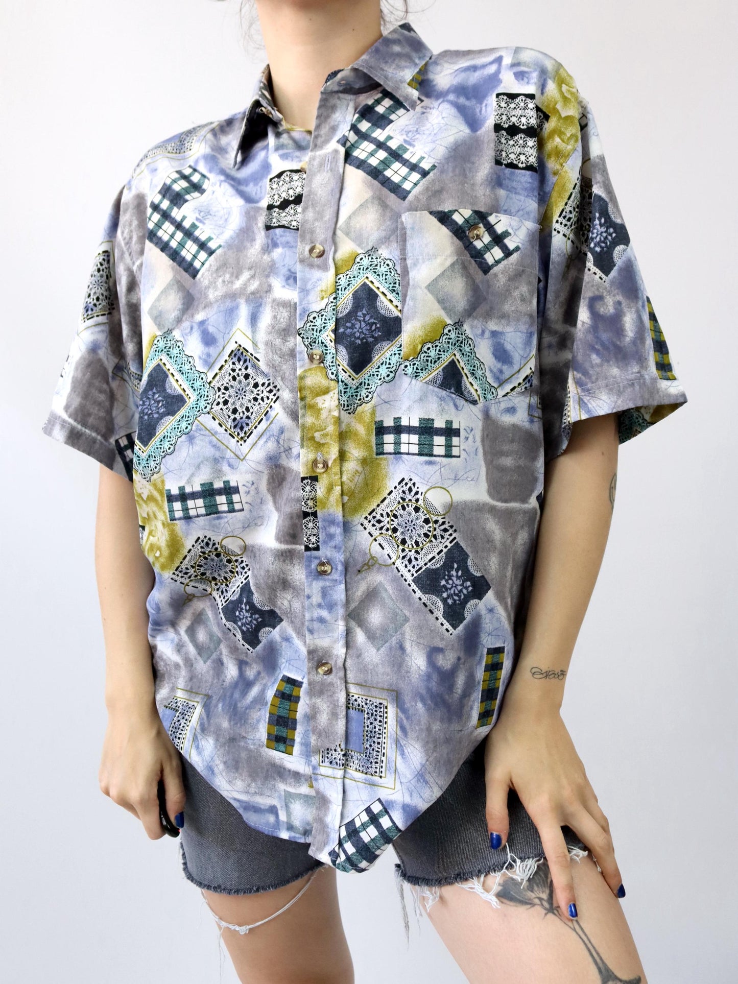 Vintage 80s 90s JFH shirt short sleeve crazy pattern colorful L