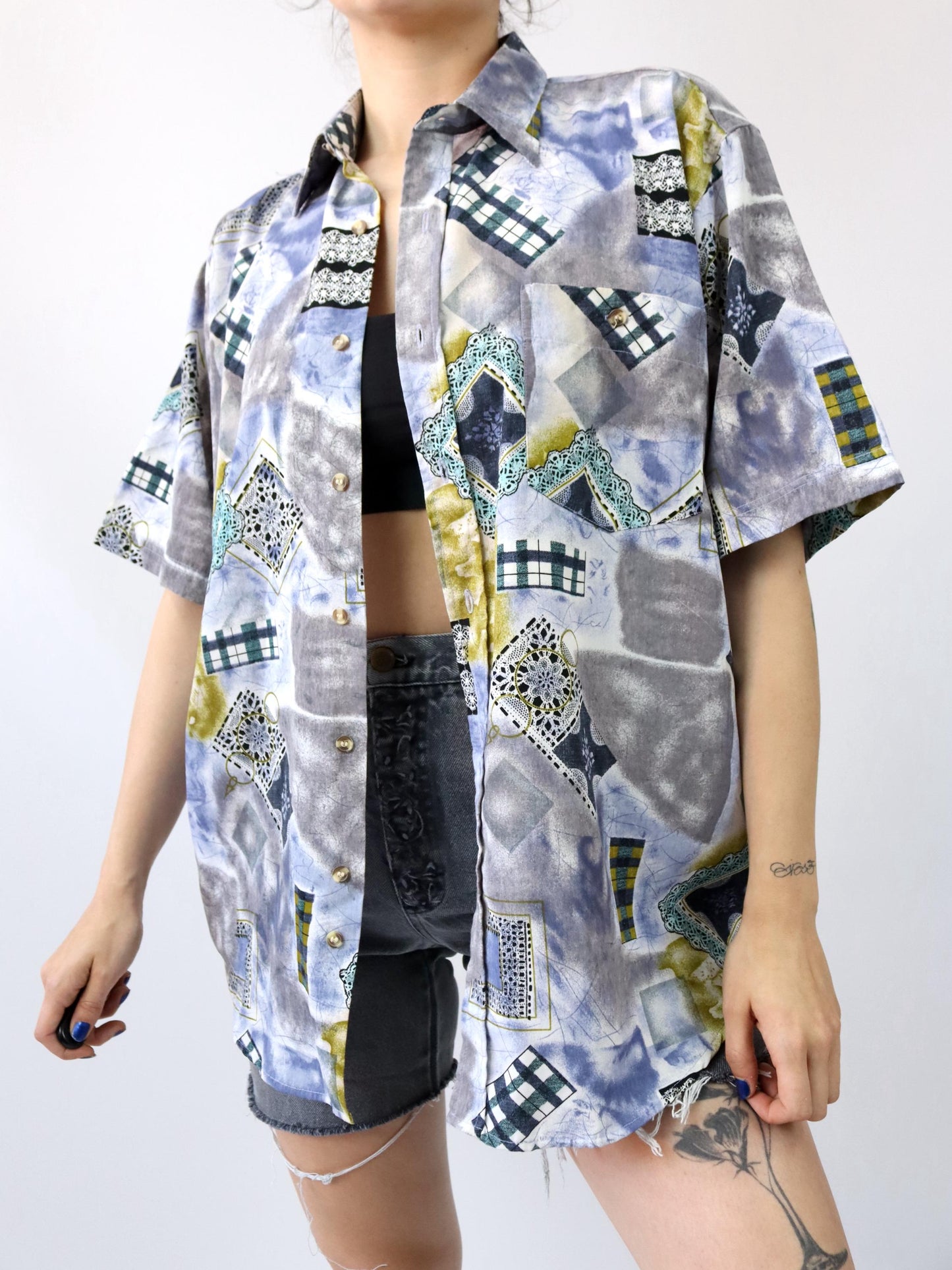Vintage 80s 90s JFH shirt short sleeve crazy pattern colorful L