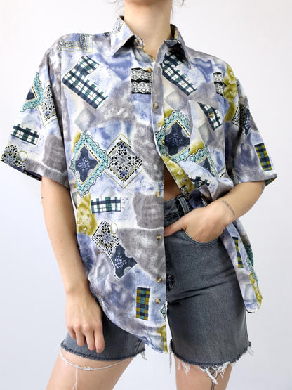 Vintage 80s 90s JFH shirt short sleeve crazy pattern colorful L
