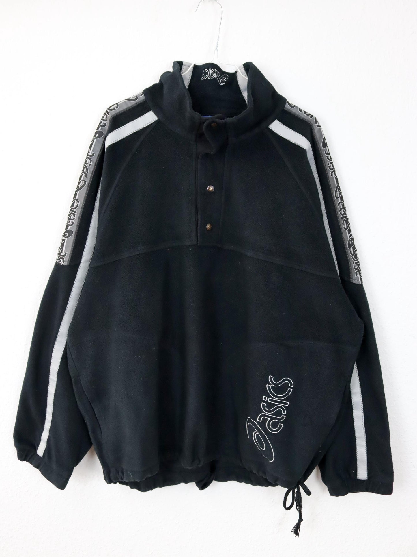 Vintage 80er 90er ASICS Fleecepullover Stehkragen schwarz grau XXL