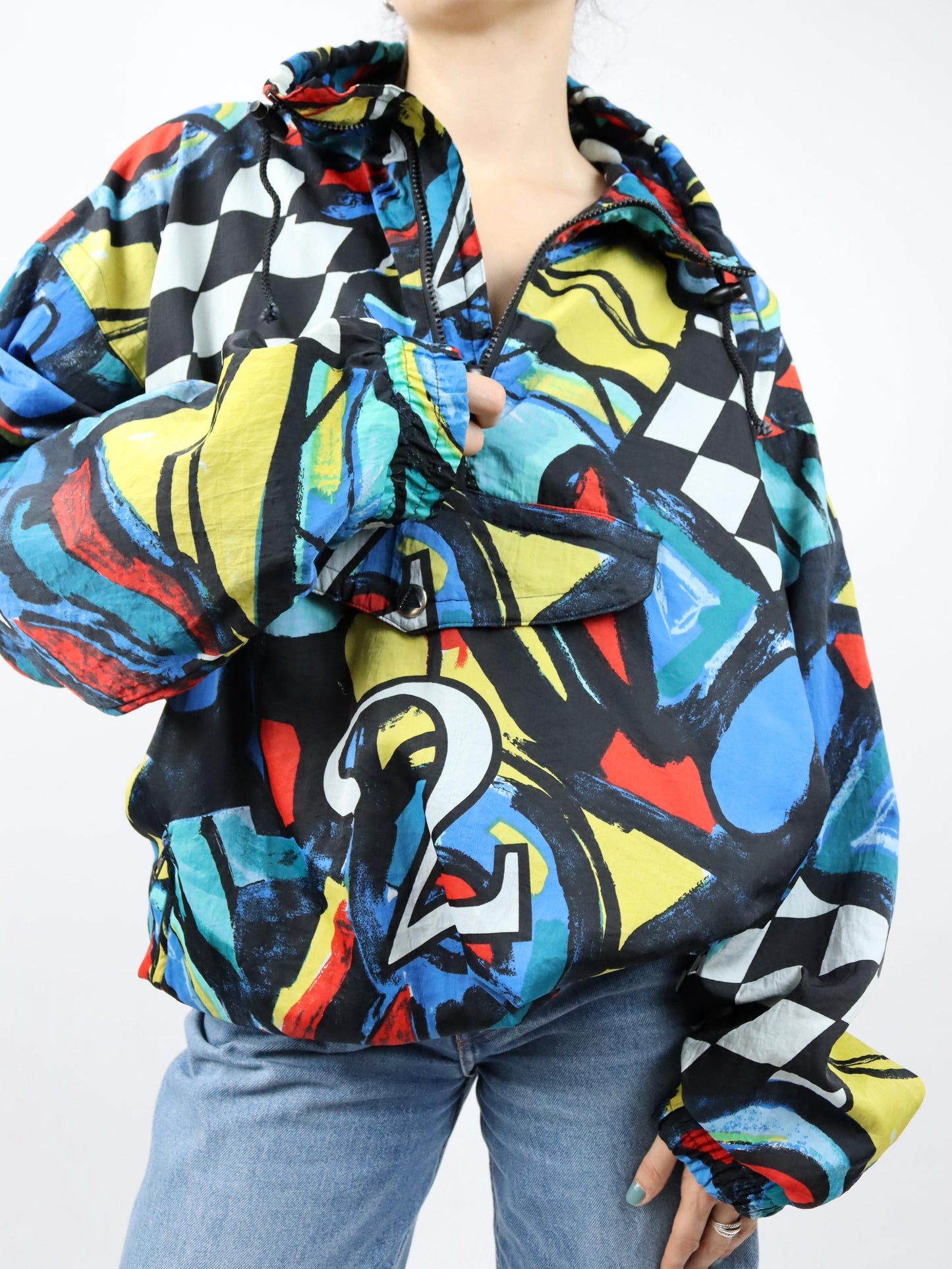 Vintage 80s 90s ETIREL windbreaker jacket crazy pattern colorful stand-up collar XXL