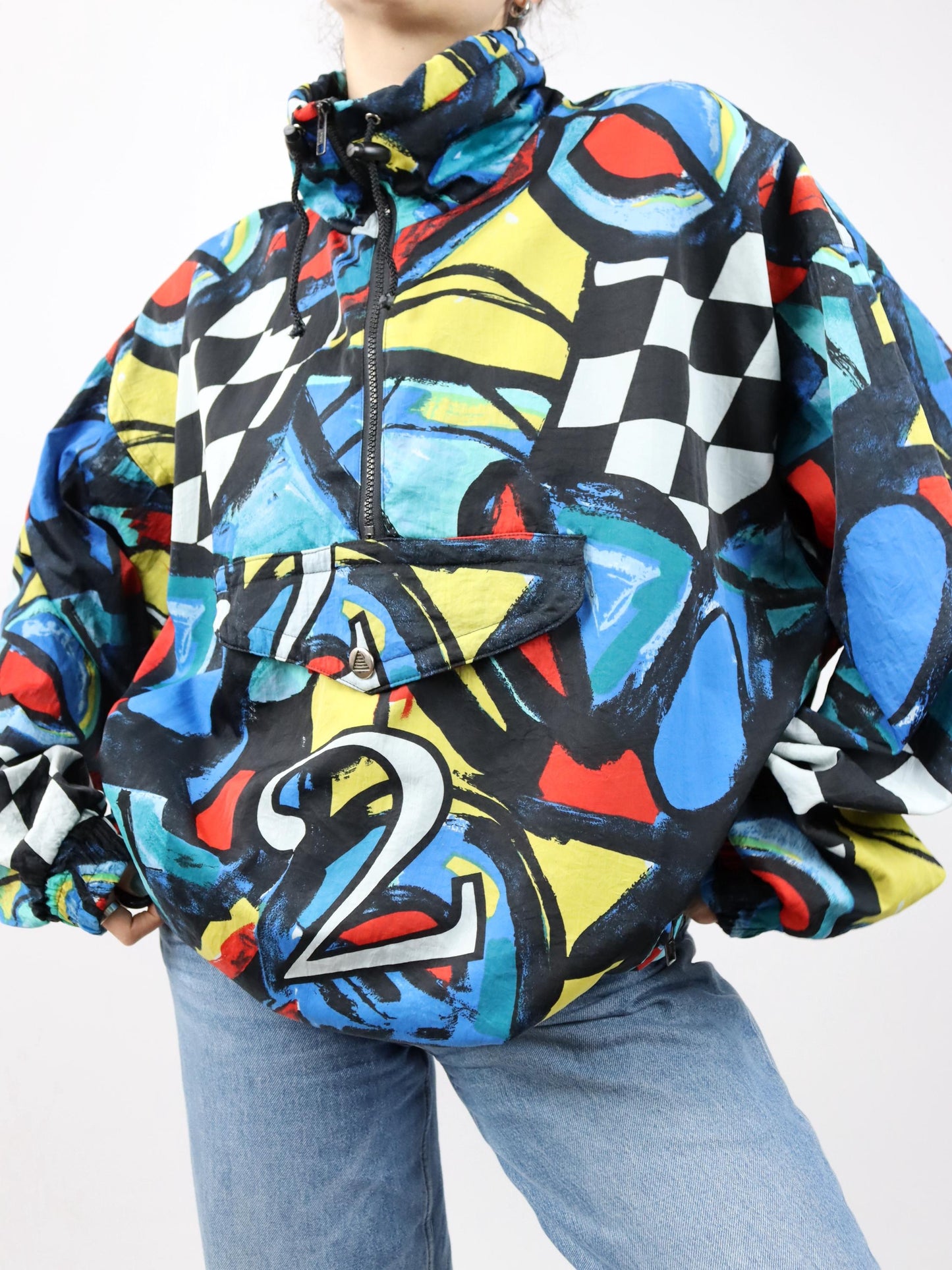Vintage 80s 90s ETIREL windbreaker jacket crazy pattern colorful stand-up collar XXL