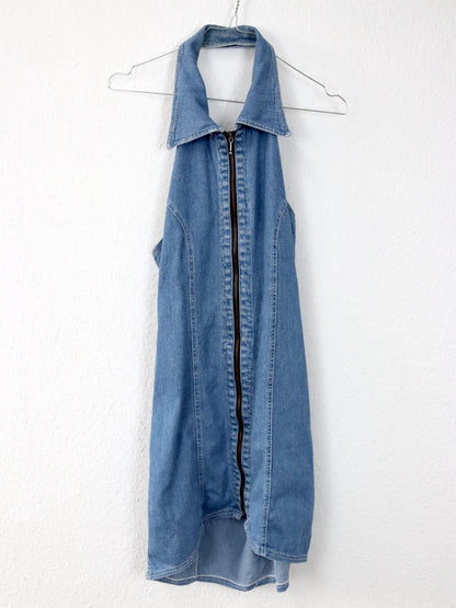 Vintage 80s 90s SQUAW denim dress halter neck zipper S