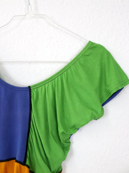 Vintage 80s 90s CAT bodysuit one-piece top orange blue green short sleeve S/M