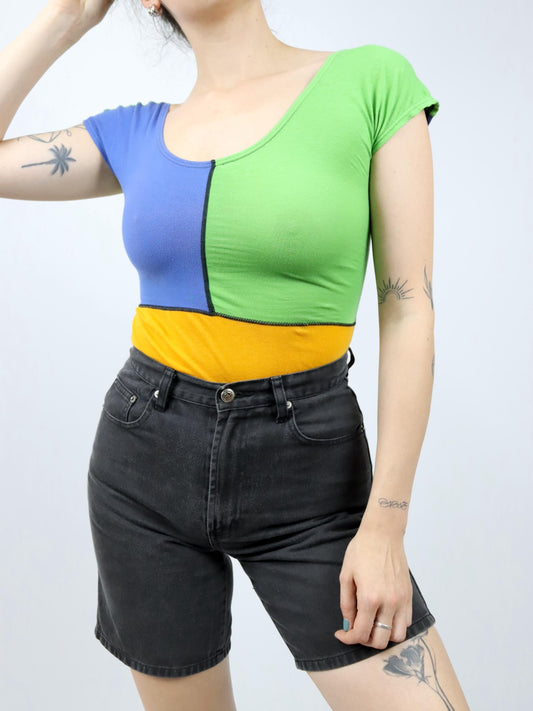 Vintage 80s 90s CAT bodysuit one-piece top orange blue green short sleeve S/M