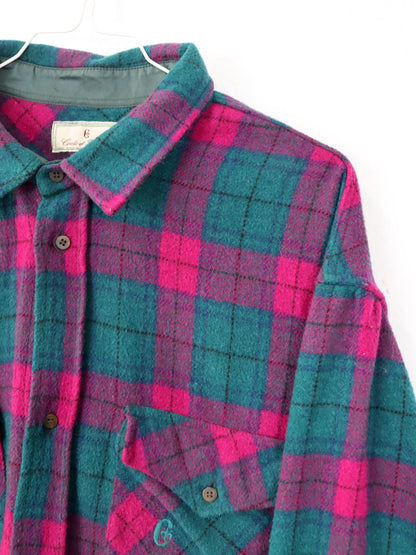 Vintage 80s 90s CONTE OF FLORENCE flannel shirt wool long sleeve green pink L