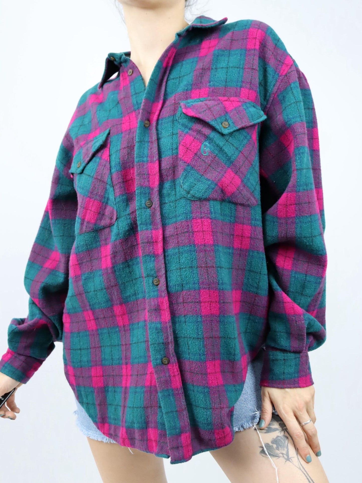 Vintage 80s 90s CONTE OF FLORENCE flannel shirt wool long sleeve green pink L