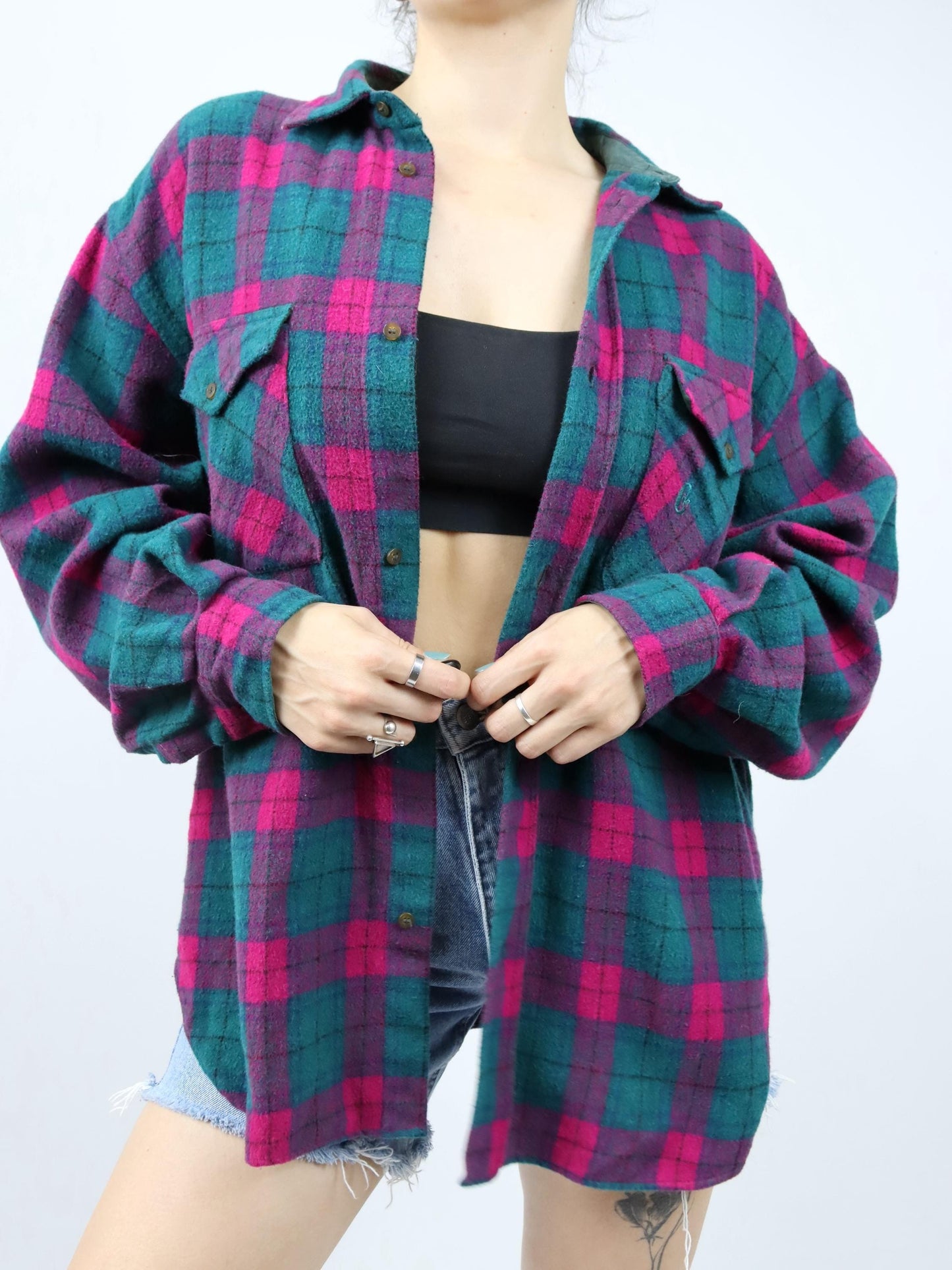 Vintage 80s 90s CONTE OF FLORENCE flannel shirt wool long sleeve green pink L