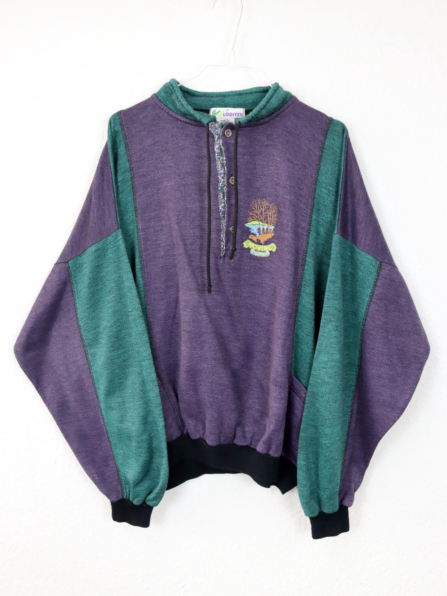 Vintage 80er 90er LODITEX Sweatshirt dünn Knopfreihe lila grün XL