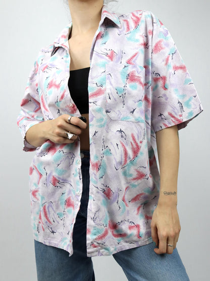 Vintage 80s 90s shirt short sleeve crazy pattern colorful 43/44 XL