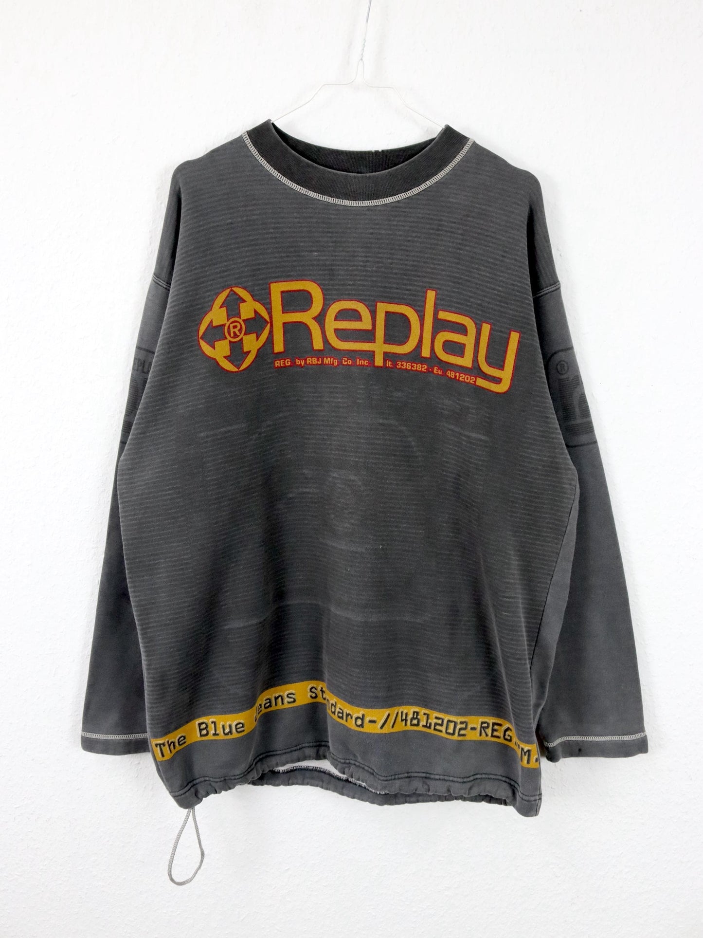 Vintage 80er 90er REPLAY Sweatshirt Pullover dunkelgrau gelb M