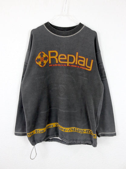 Vintage 80er 90er REPLAY Sweatshirt Pullover dunkelgrau gelb M