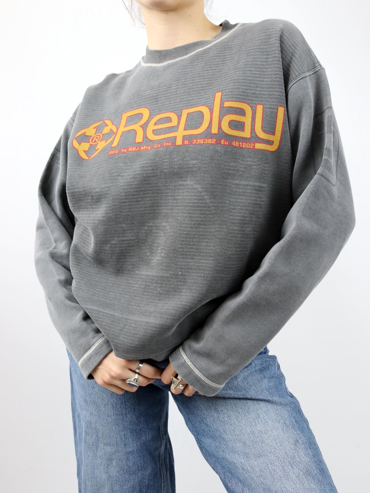 Vintage 80er 90er REPLAY Sweatshirt Pullover dunkelgrau gelb M