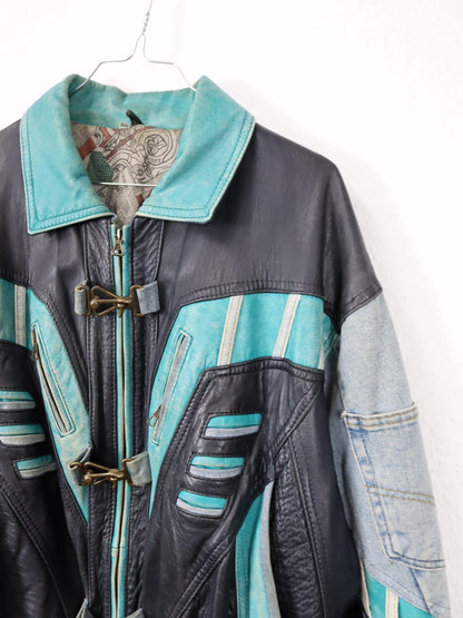 Vintage 80s 90s RARE leather jacket denim details bomber jacket black turquoise light blue M 48