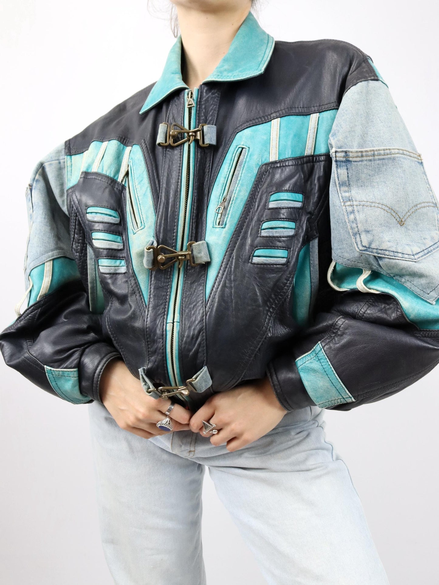 Vintage 80s 90s RARE leather jacket denim details bomber jacket black turquoise light blue M 48