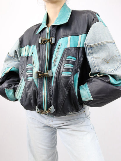 Vintage 80s 90s RARE leather jacket denim details bomber jacket black turquoise light blue M 48