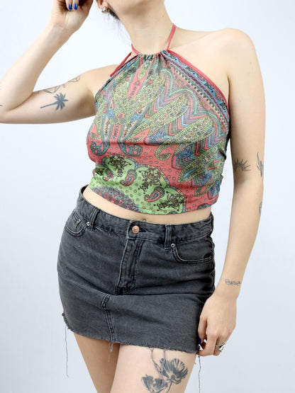 Vintage 80er 90er SAONA Seidentop rückenfrei Neckholder gemustert bunt Seide Handmade in Indonesia S/M