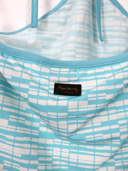Vintage 80s 90s PEPE JEANS London halter neck top cropped crazy pattern white blue S 36