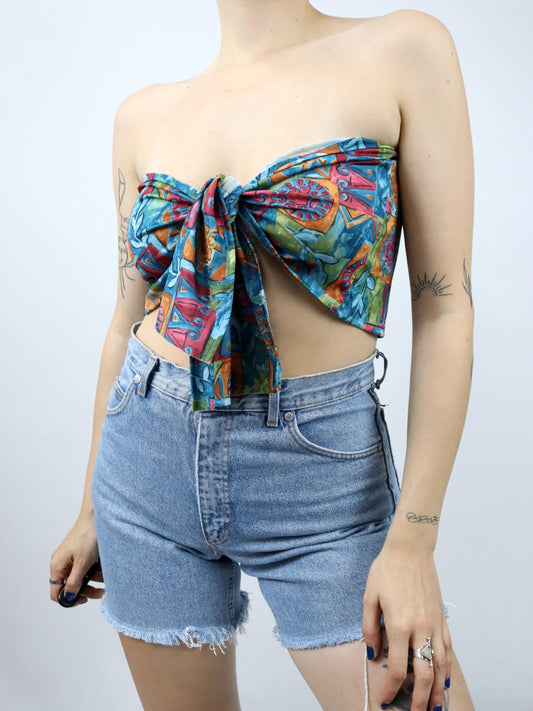 Vintage 80s 90s bandeau top shoulder-free crazy pattern colorful M