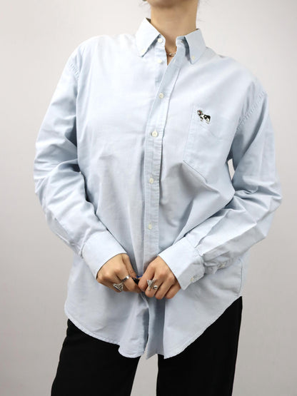 Vintage 80s 90s MOSCHINO designer shirt blouse light blue embroidery M